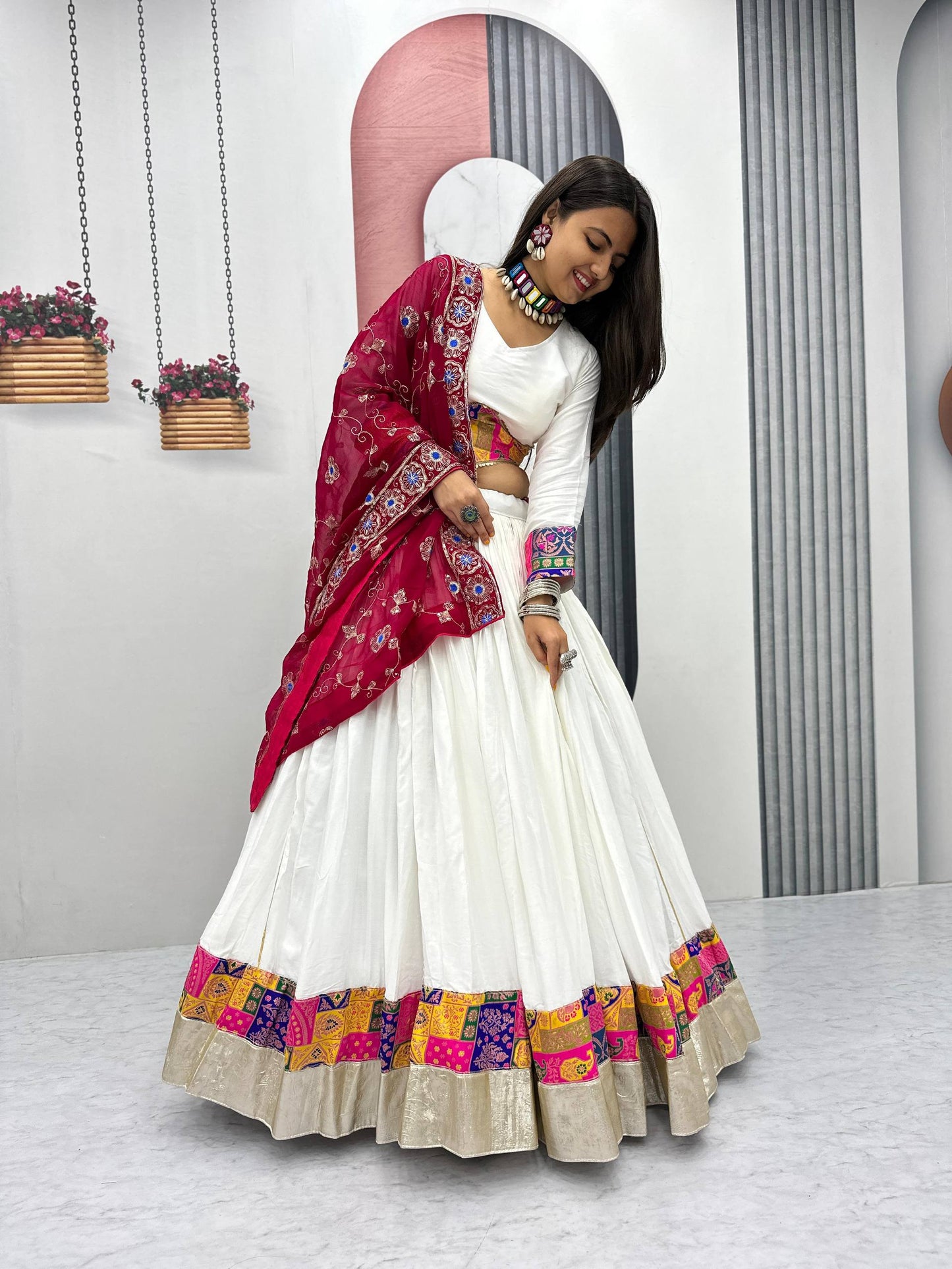 Navratri Glamour Elegant White Pure Cotton Lehenga Choli