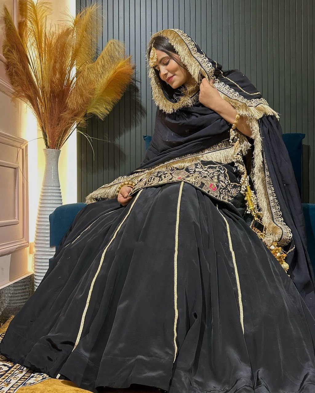 Zaaya Midnight Veil Lehenga with Antique Gold Embroidery & Fringed Dupatta