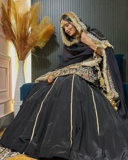 Zaaya Midnight Veil Lehenga with Antique Gold Embroidery & Fringed Dupatta
