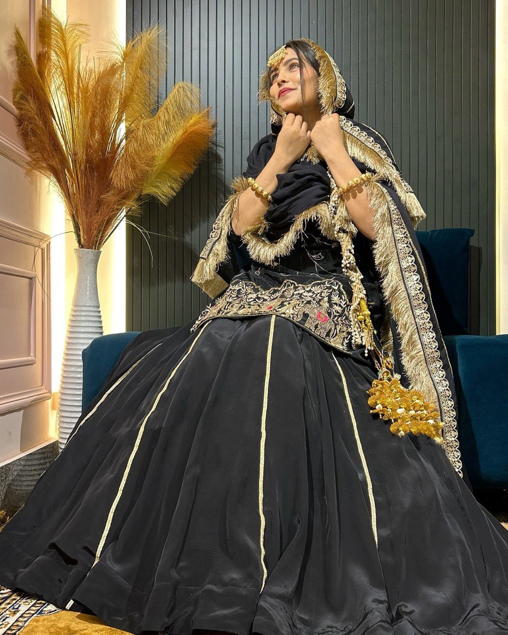 Zaaya Midnight Veil Lehenga with Antique Gold Embroidery & Fringed Dupatta