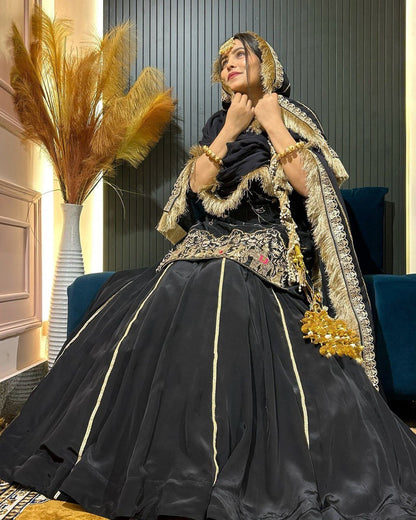 Zaaya Midnight Veil Lehenga with Antique Gold Embroidery & Fringed Dupatta