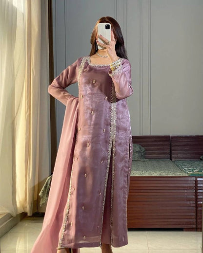 Gulnaar Designer Party Wear Look Pur jimmy choo Silk Top Plazzo & Dupatta Set