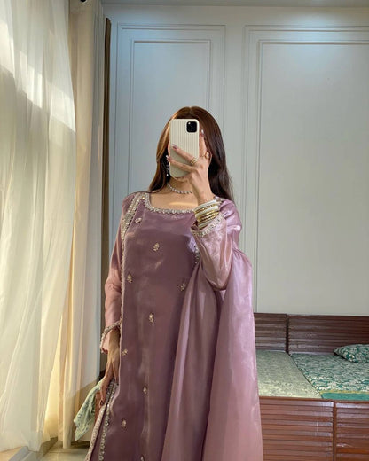 Gulnaar Designer Party Wear Look Pur jimmy choo Silk Top Plazzo & Dupatta Set