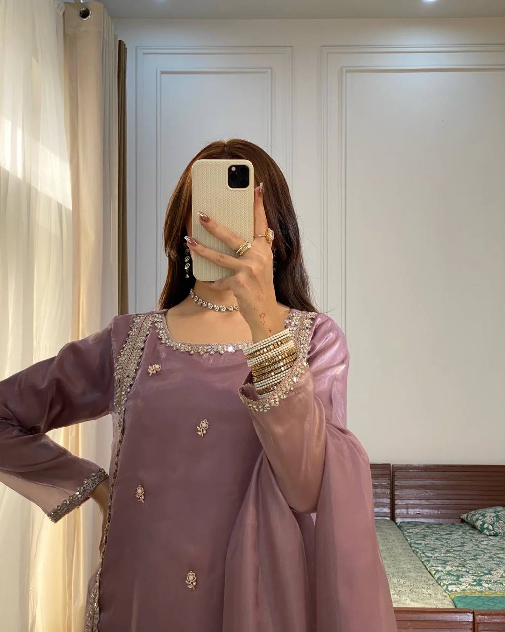 Gulnaar Designer Party Wear Look Pur jimmy choo Silk Top Plazzo & Dupatta Set
