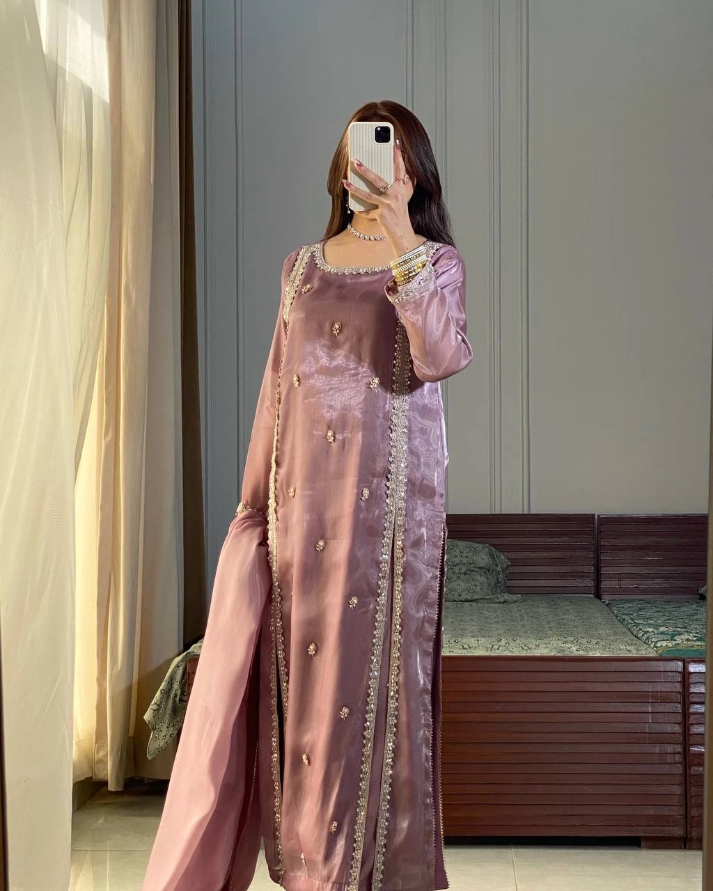 Gulnaar Designer Party Wear Look Pur jimmy choo Silk Top Plazzo & Dupatta Set