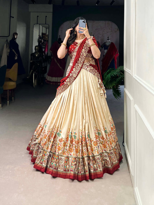 Zaibaana Zewar Antique Ivory Lehenga with Heritage Floral Print and Crimson Choli