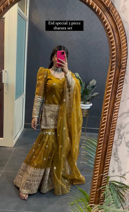 Desi Drape Dream Royal wear Mustard Sharara Set