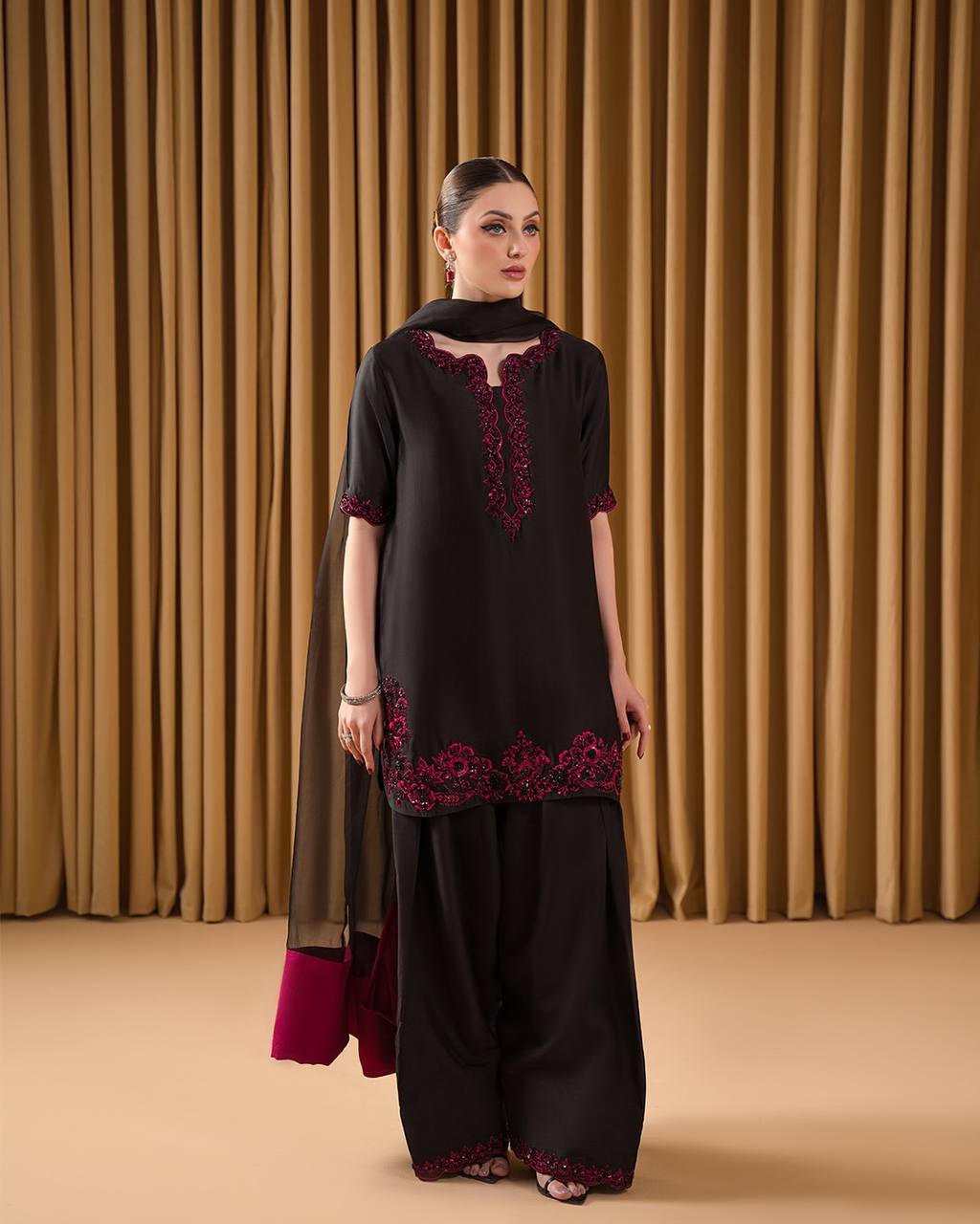 The Bold Beauty of Black and Magenta Tradition Farshi Set