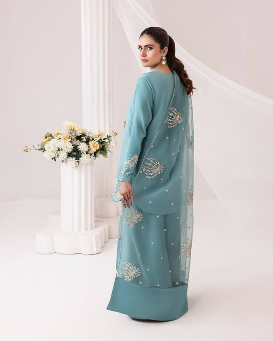 Teal Elegance Embroidered Suit Set