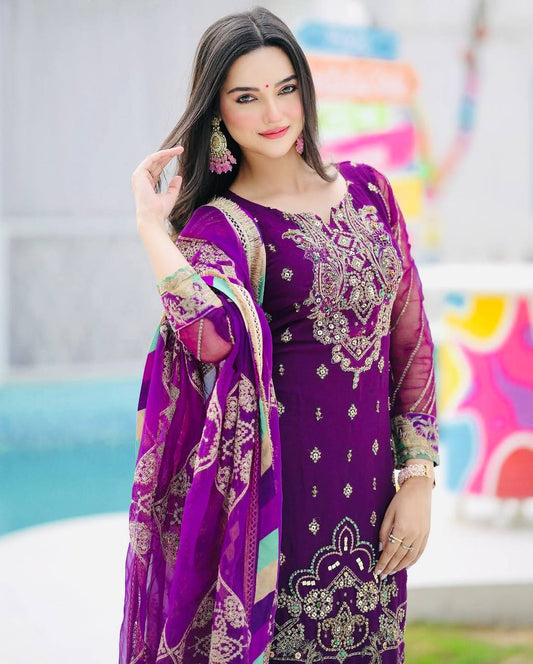 Royal Riwaz Deep Purple Antique Embroidery & Gota Borders Plazzo Set