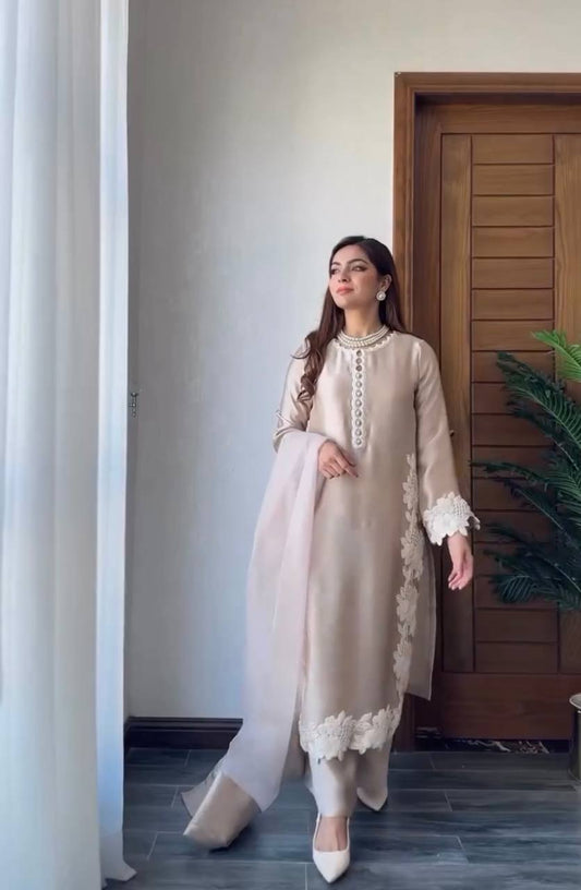 Pearl Veil Luxe Hand Embroidered Natural Silk Classic Long Kurta Set