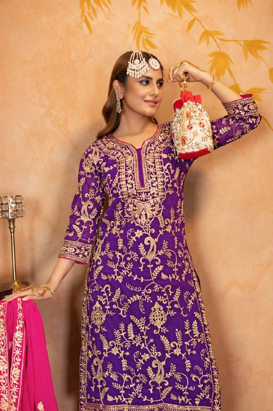 Punjabi Blossom New Designer Heavy Fuax Georgette Fancy Top With Plazzo Suit Set