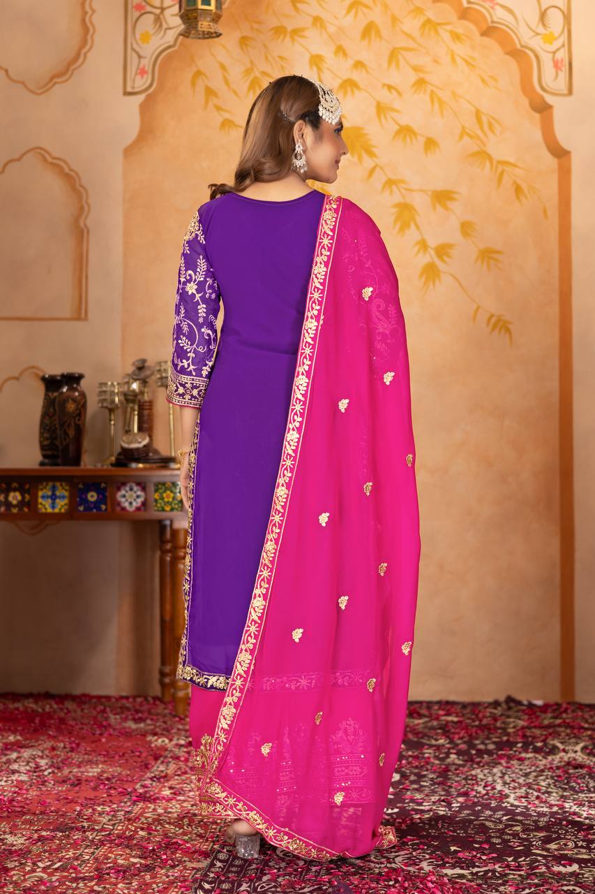 Punjabi Blossom New Designer Heavy Fuax Georgette Fancy Top With Plazzo Suit Set
