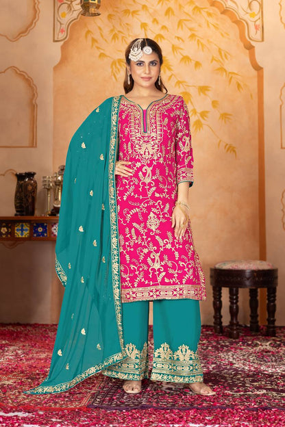 Punjabi Blossom New Designer Heavy Fuax Georgette Fancy Top With Plazzo Suit Set