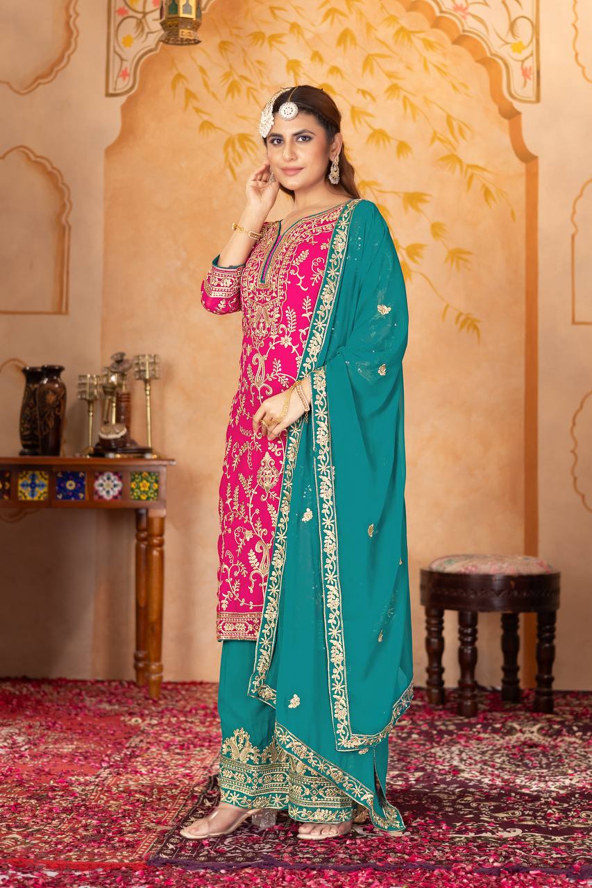 Punjabi Blossom New Designer Heavy Fuax Georgette Fancy Top With Plazzo Suit Set