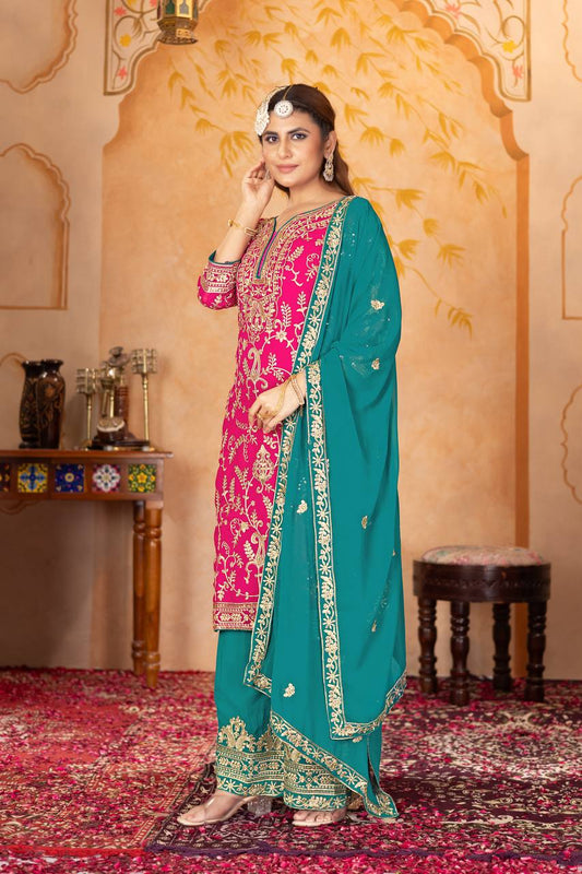 Punjabi Blossom New Designer Heavy Fuax Georgette Fancy Top With Plazzo Suit Set