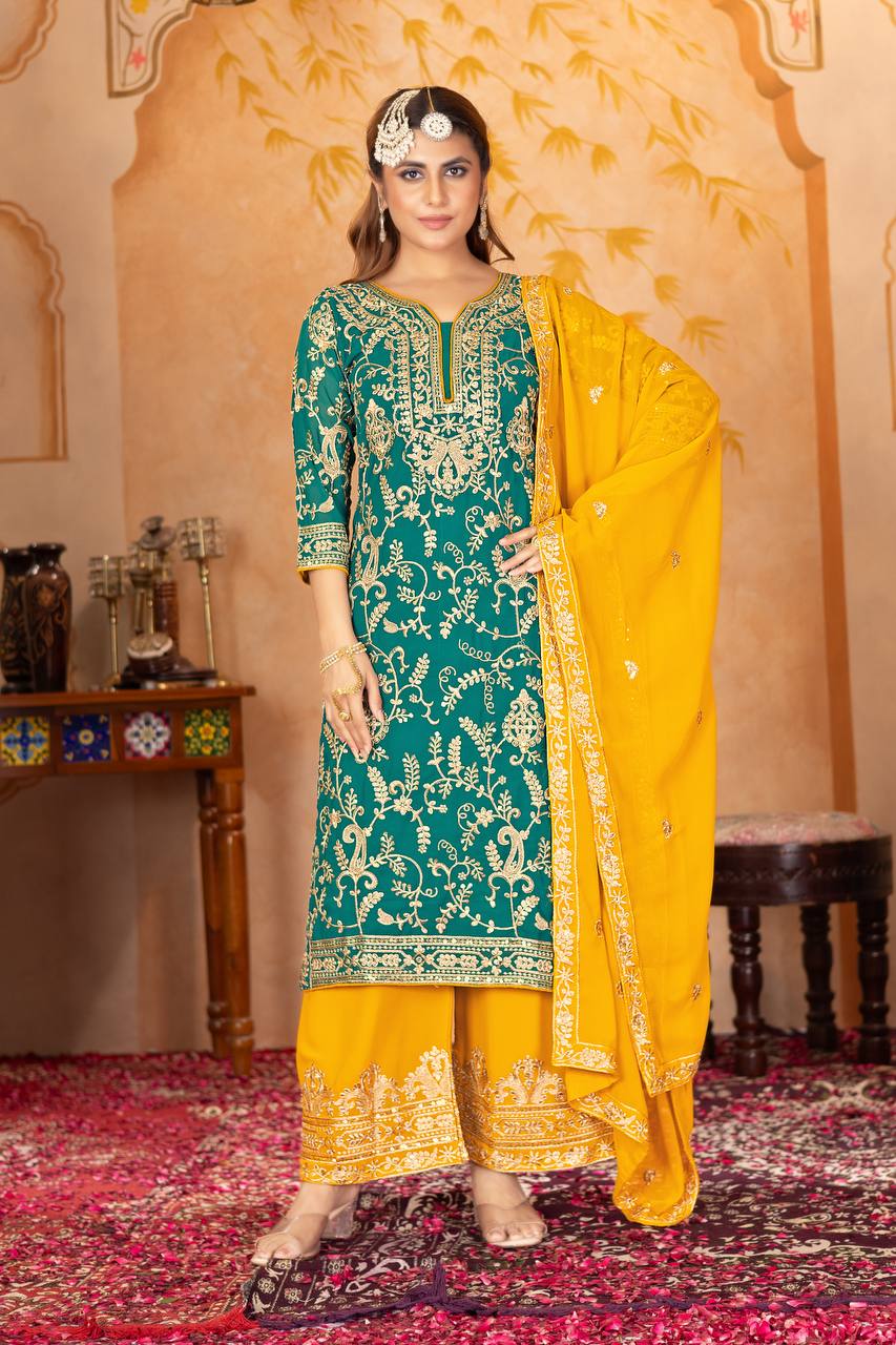 Punjabi Blossom New Designer Heavy Fuax Georgette Fancy Top With Plazzo Suit Set