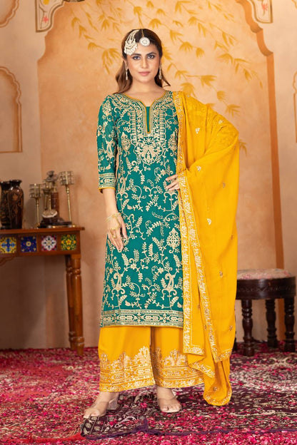 Punjabi Blossom New Designer Heavy Fuax Georgette Fancy Top With Plazzo Suit Set