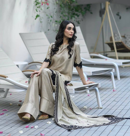 Designer Golden Sheen with Floral Embroidery Farshi Suit