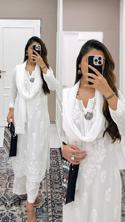 Snow Bloom Embroidered White Classic Top Plazzo Set