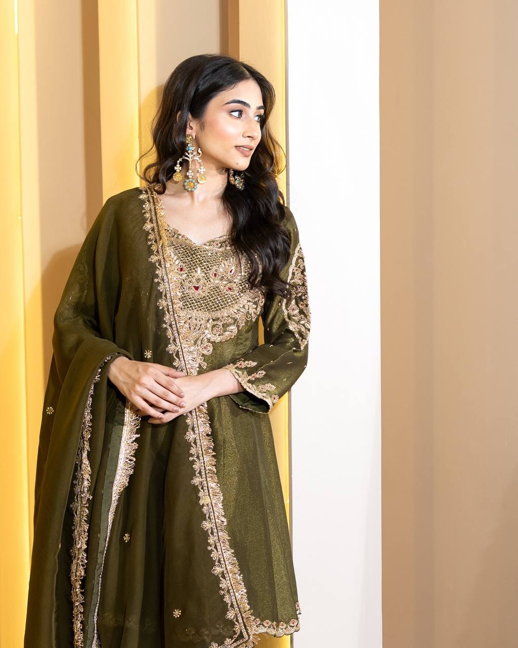 Zehreen Majesty Olive Zari Elegance in Royal Mughal Charm Sharara Set