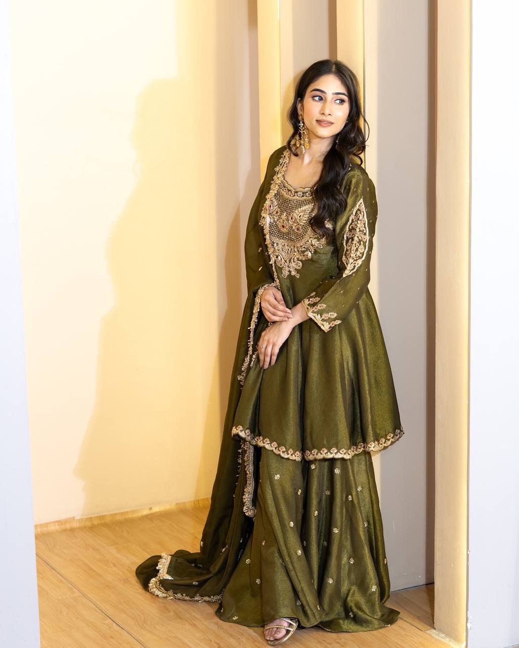 Zehreen Majesty Olive Zari Elegance in Royal Mughal Charm Sharara Set