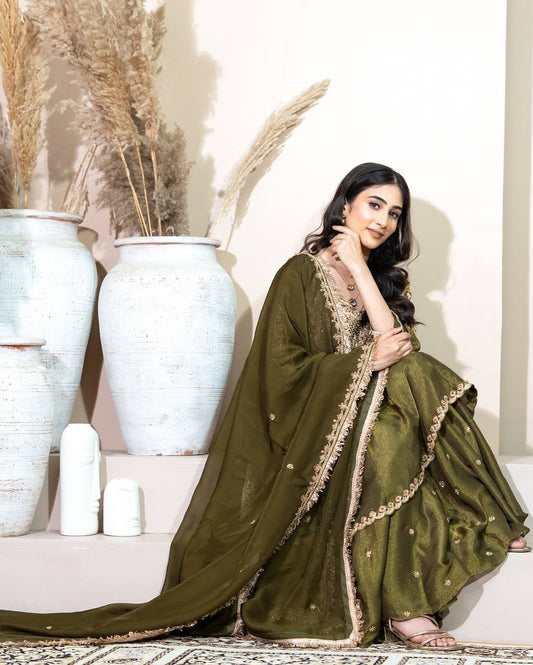 Zehreen Majesty Olive Zari Elegance in Royal Mughal Charm Sharara Set