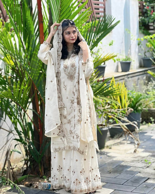 Aayat Charm  Minimal Gold Thread Embroidery Sharara
