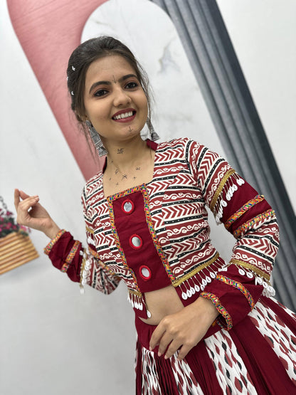 Raas Nikhaar Maroon & White Printed Navratri Lehenga Set