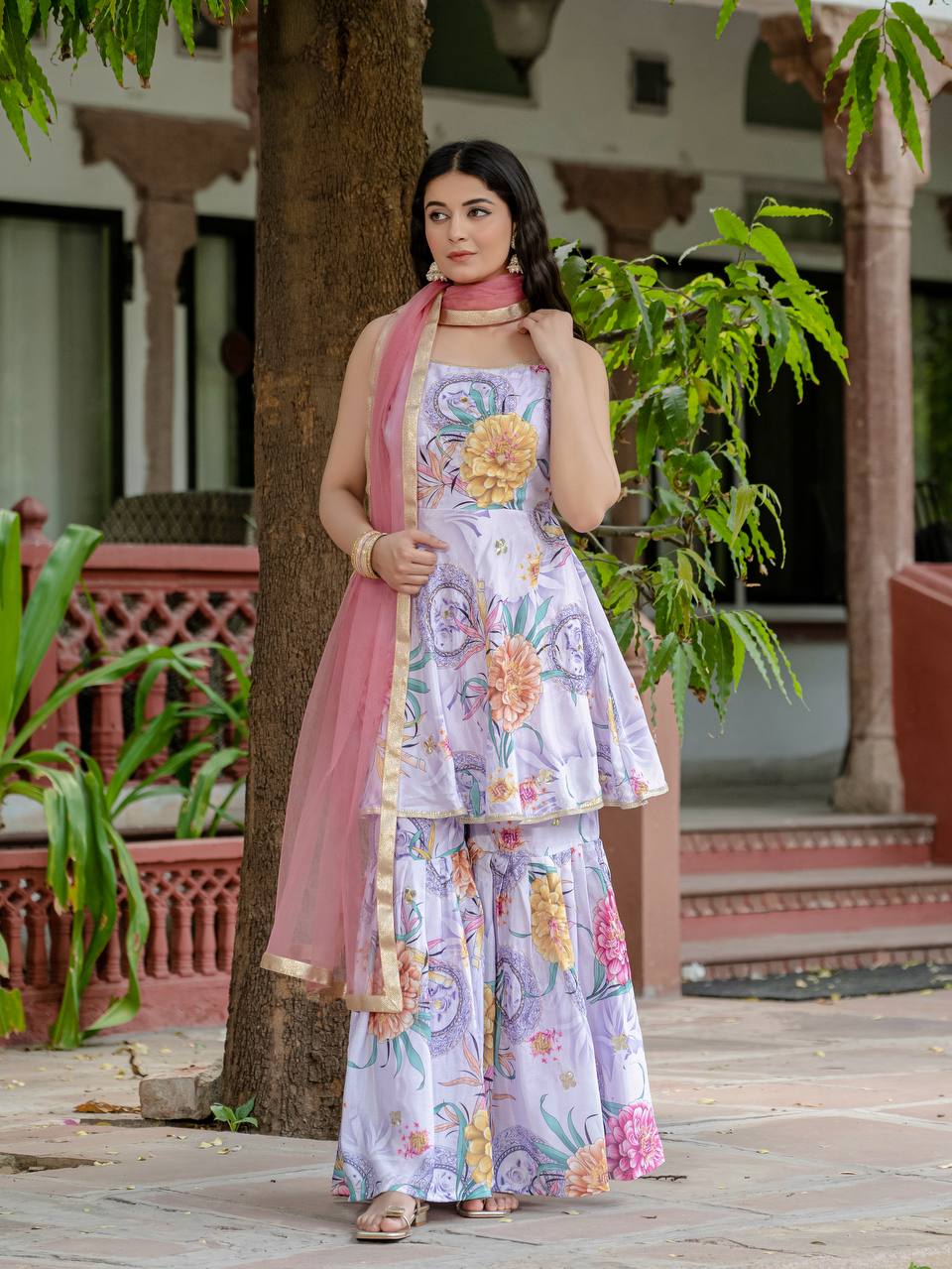 Blush Garden Bloom Sharara Set with Net Dupatta