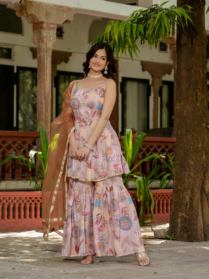 Blush Garden Bloom Sharara Set with Net Dupatta
