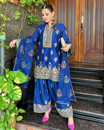 Majestic Royal Blue Silk Ensemble with Mughal Zari Embroidery Kurti Plazzo Set