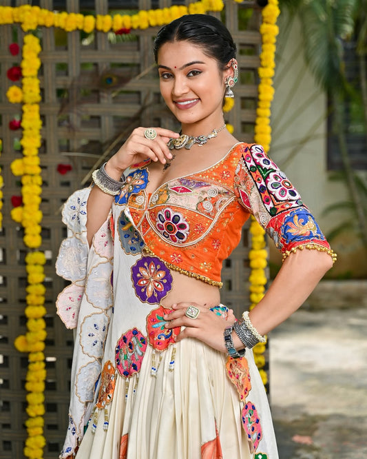 Navratri Rayon White Lehenga Choli With Dupatta