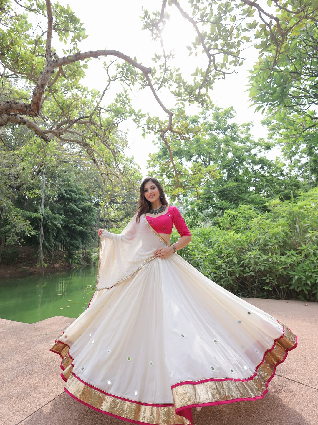 White Chiffon Cotton Mirror Work Lehenga Choli