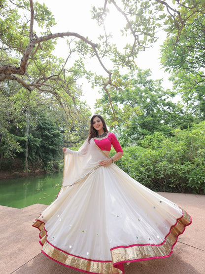 White Chiffon Cotton Mirror Work Lehenga Choli