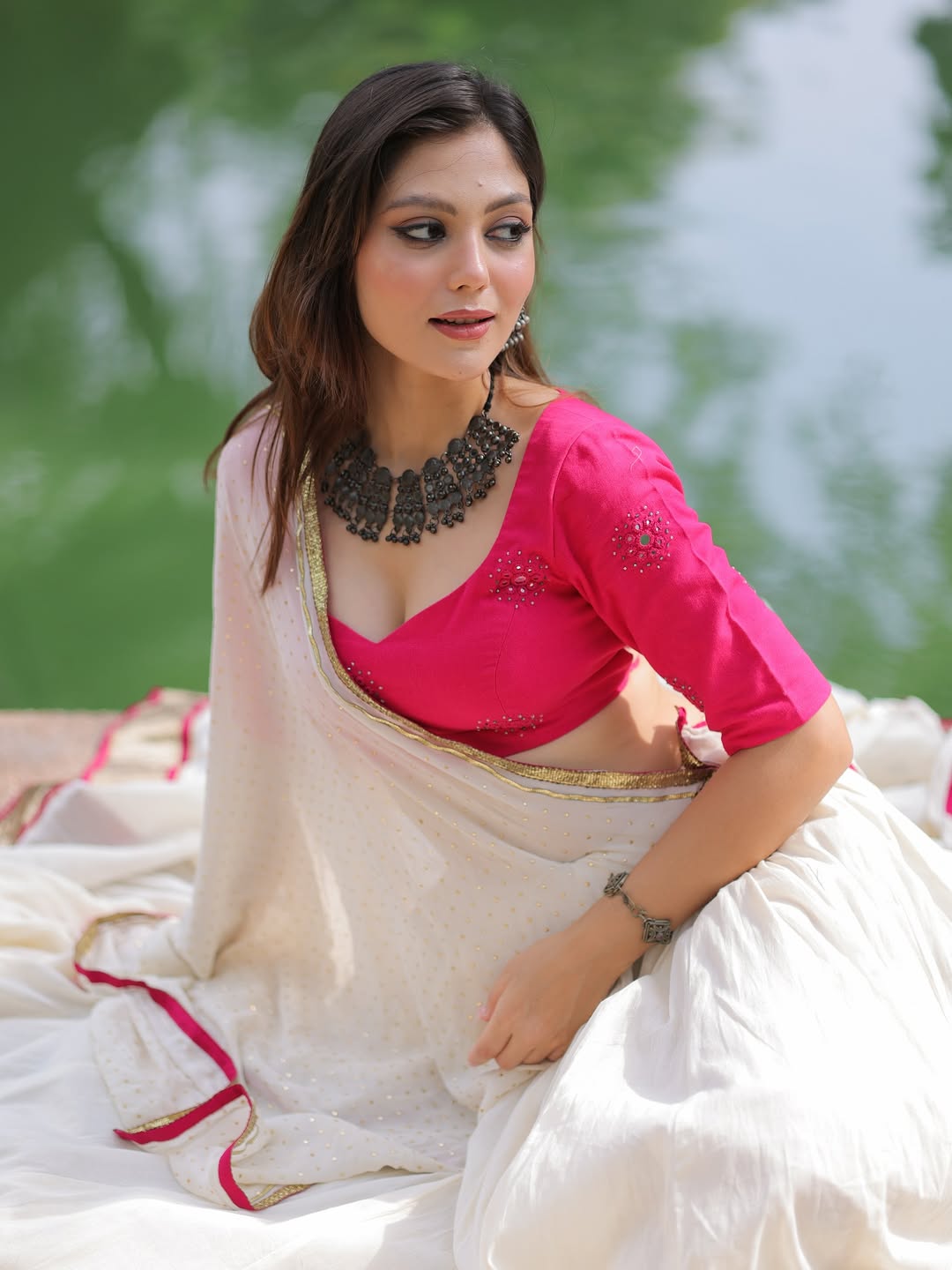 White Chiffon Cotton Mirror Work Lehenga Choli