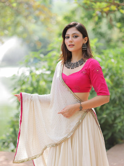 White Chiffon Cotton Mirror Work Lehenga Choli
