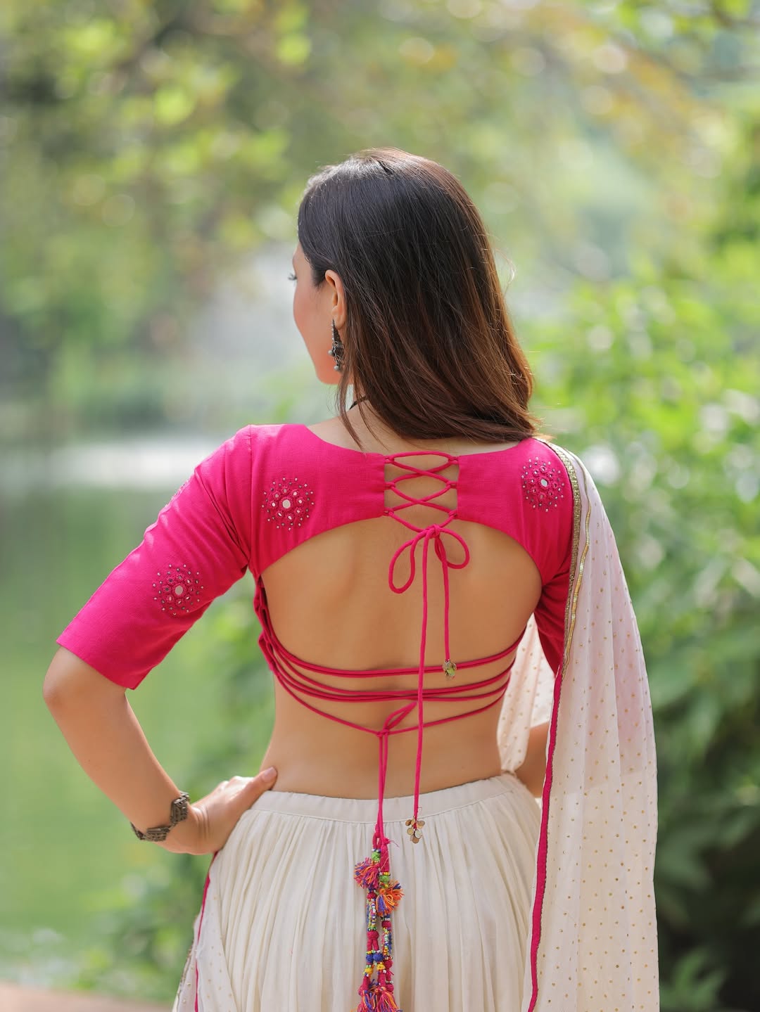 White Chiffon Cotton Mirror Work Lehenga Choli