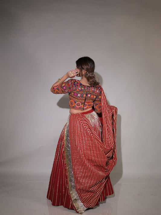 Rich Maroon Chaniya Choli with Golden Toi Work And Traditional Kachhi Blouse