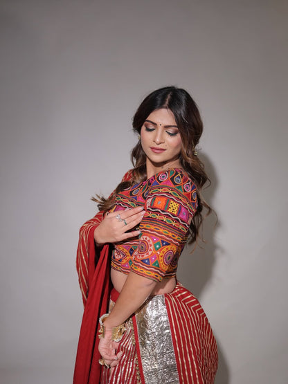 Rich Maroon Chaniya Choli with Golden Toi Work And Traditional Kachhi Blouse