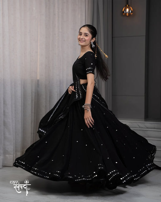 Black linear mirror embroidered lehenga set