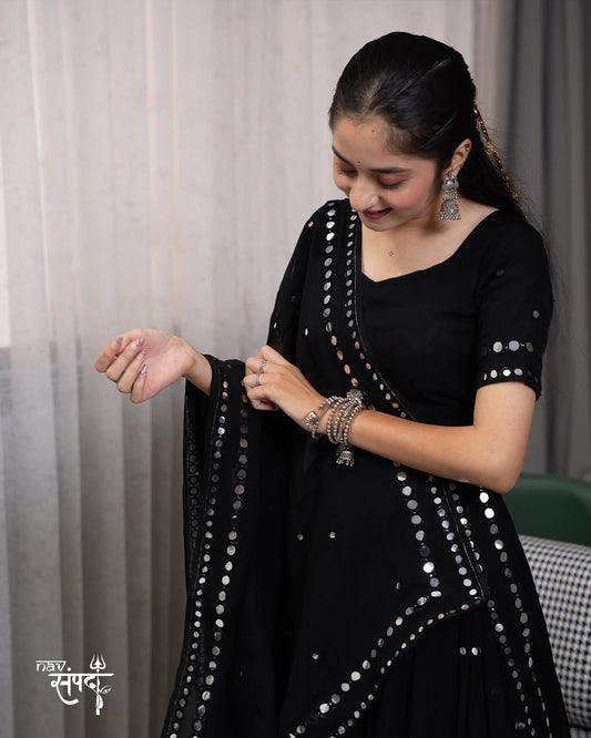 Black linear mirror embroidered lehenga set