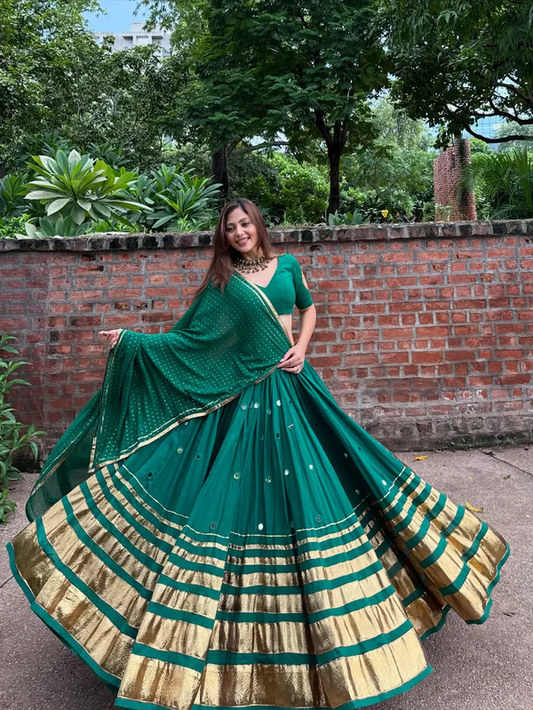 Rudra Green Mirrorwork with Golden Zari Border Lehenga Choli