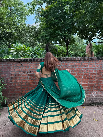 Rudra Green Mirrorwork with Golden Zari Border Lehenga Choli