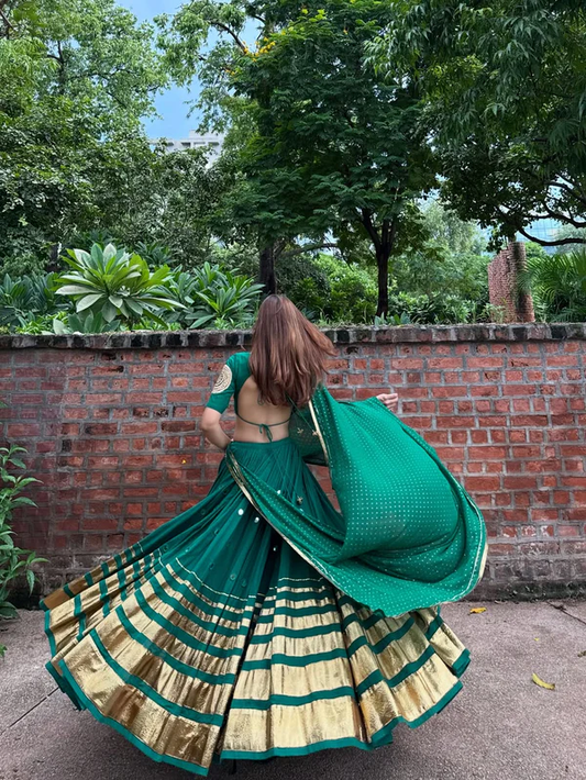 Rudra Green Mirrorwork with Golden Zari Border Lehenga Choli