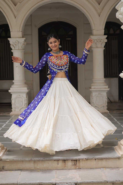 Cotton Handwork Mirror Bandhani Kurti With Lehenga for Navratri Celebrations