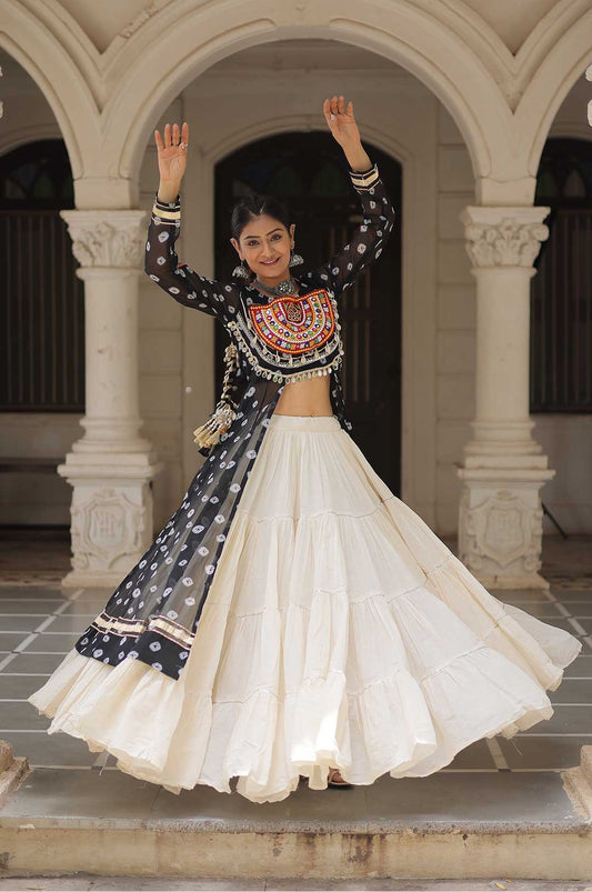 Cotton Handwork Mirror Bandhani Kurti With Lehenga for Navratri Celebrations