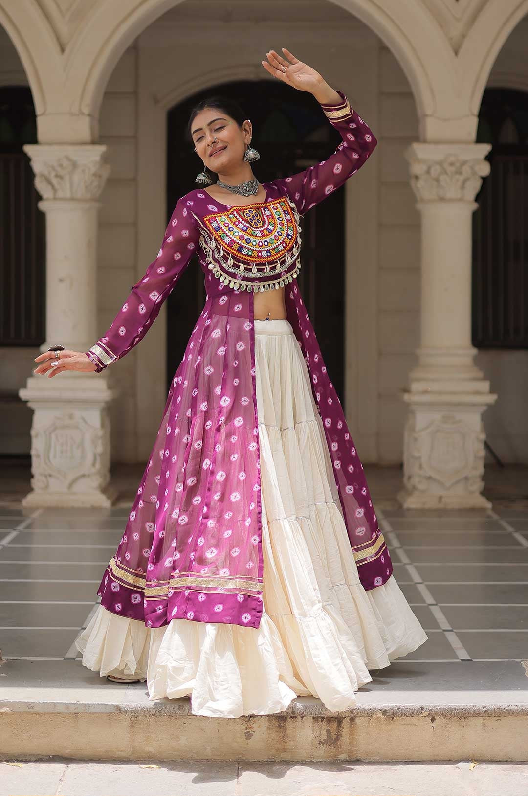 Cotton Handwork Mirror Bandhani Kurti With Lehenga for Navratri Celebrations