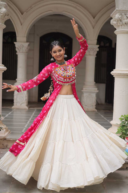 Cotton Handwork Mirror Bandhani Kurti With Lehenga for Navratri Celebrations