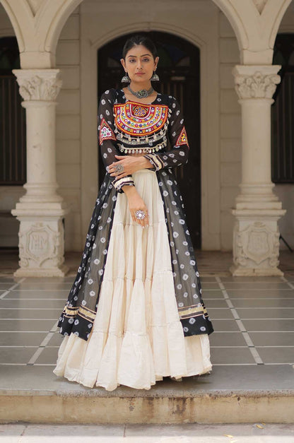 Cotton Handwork Mirror Bandhani Kurti With Lehenga for Navratri Celebrations